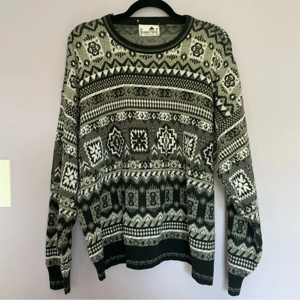Florence Tricot Made in Italy Grandpa Crewneck Sweater Vintage Black and White